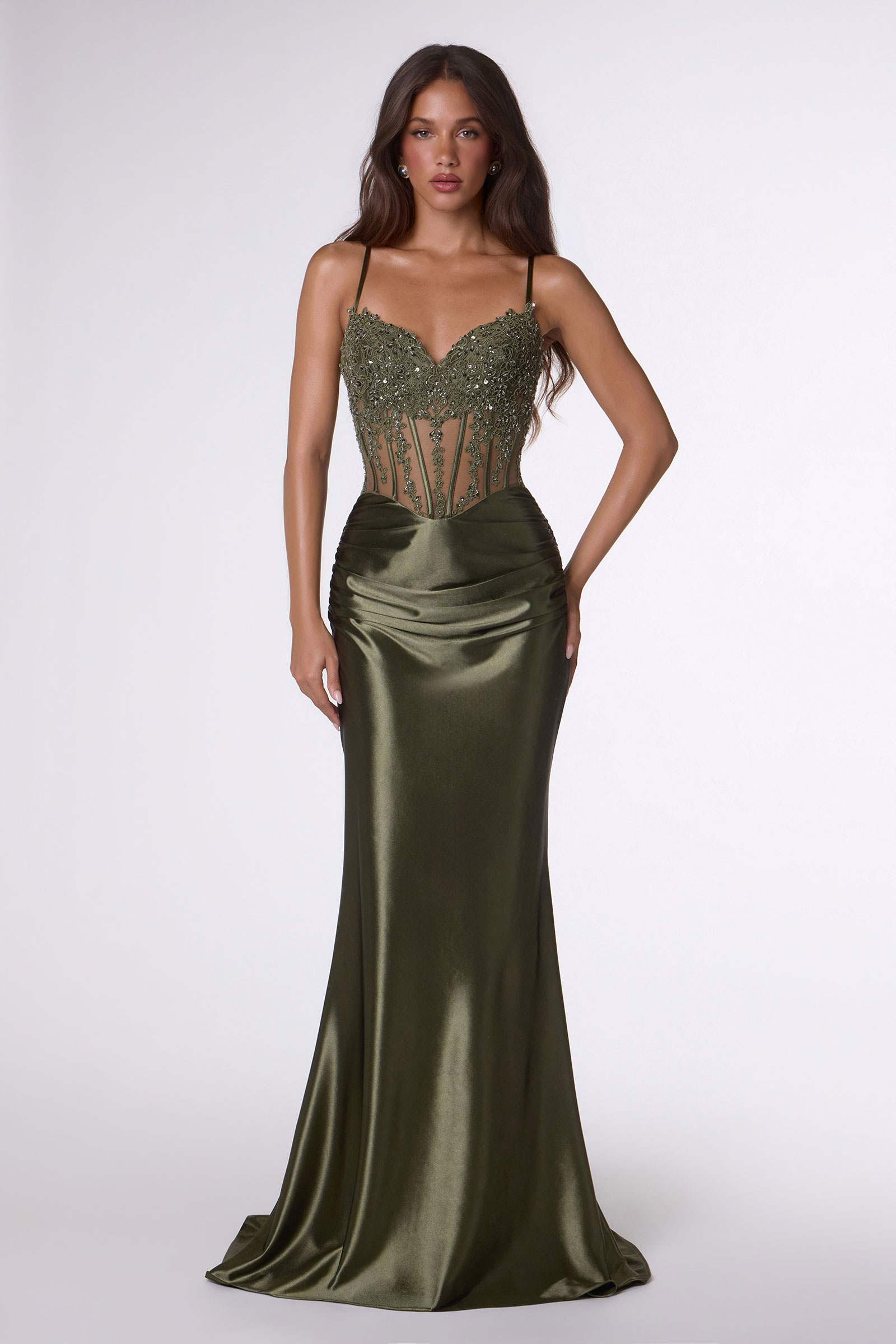 Olive green Amoris T819 fitted stretch satin corset mermaid gown with sheer details, front view, elegant formal dress.