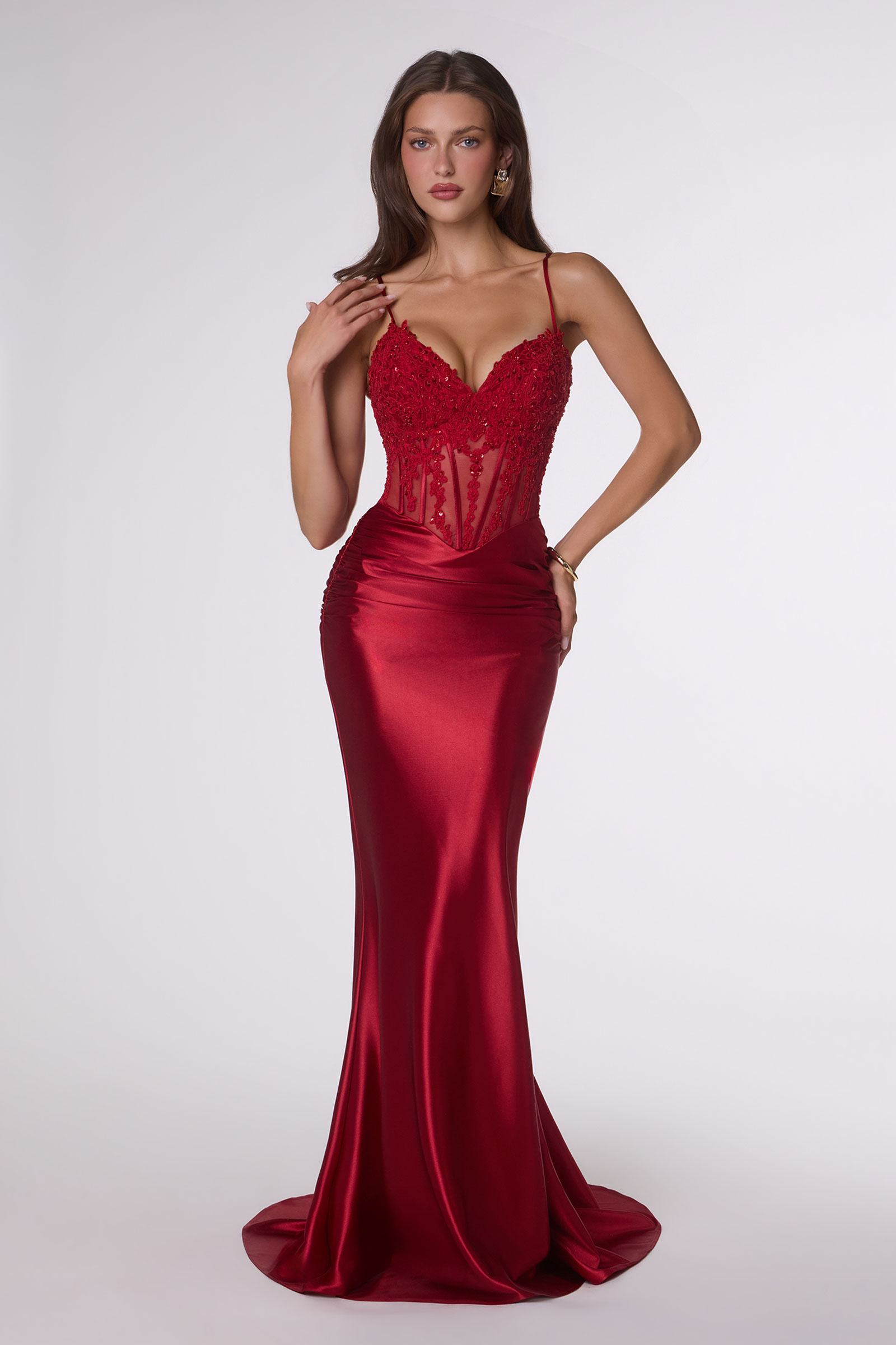 Red Amoris T819 fitted stretch satin sheer corset mermaid gown, front view, elegant and sleek evening dress.