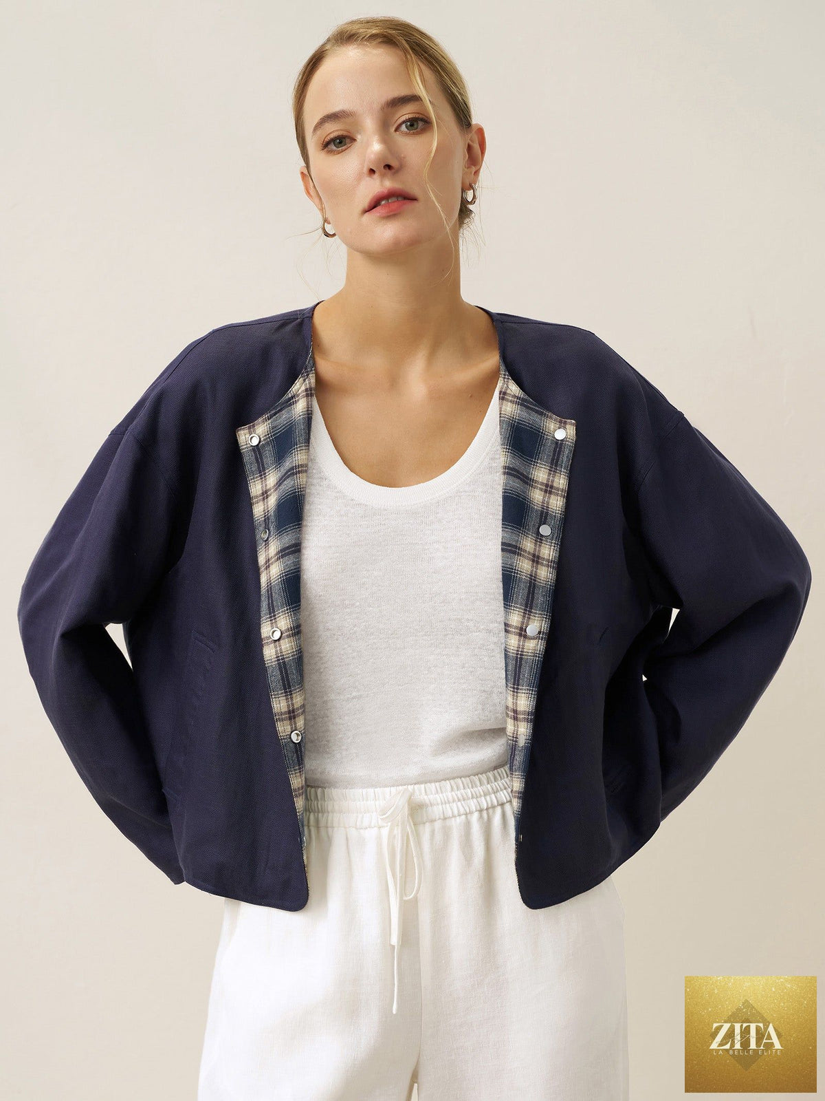 Tencel Linen Reversible Crew Neck Casual Jacket CHLOE