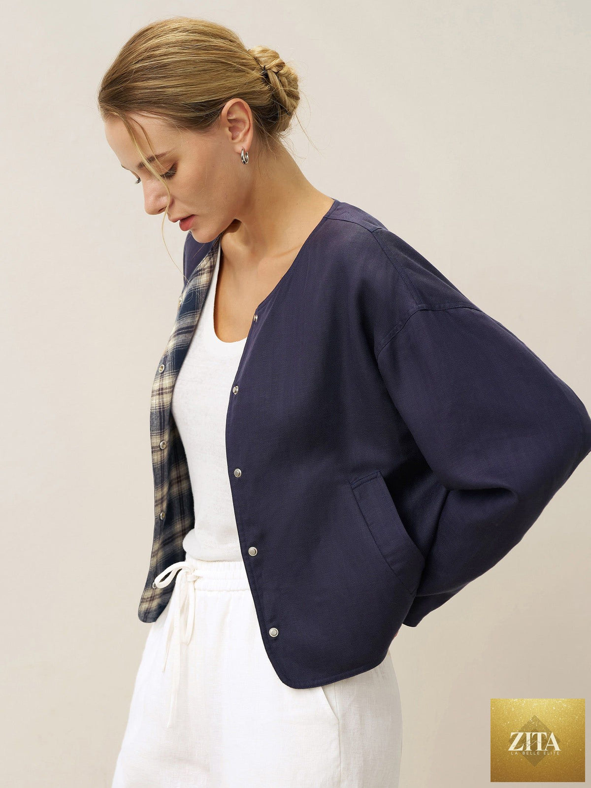 Tencel Linen Reversible Crew Neck Casual Jacket CHLOE