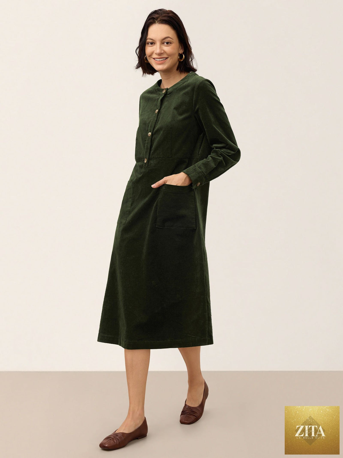 Cotton Lyocell Textured Button Front Pocket Midi Dress NOVALIE