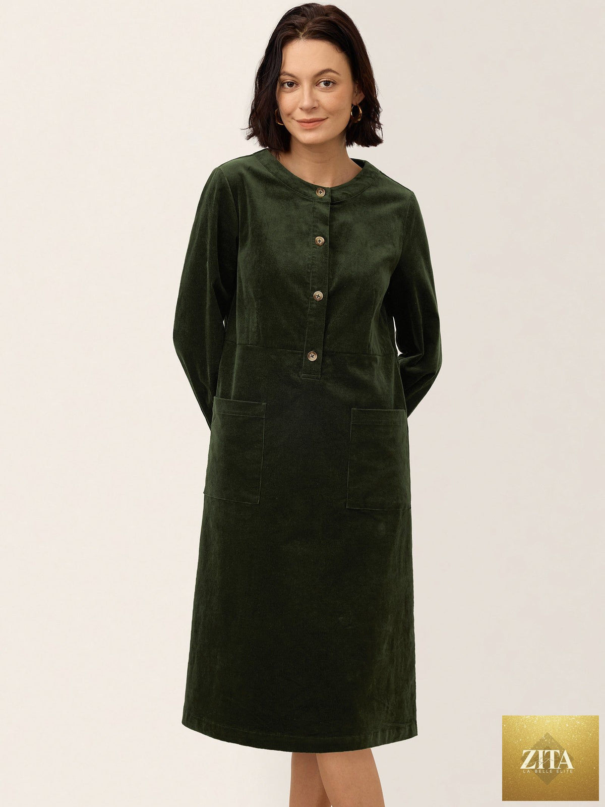 Cotton Lyocell Textured Button Front Pocket Midi Dress NOVALIE
