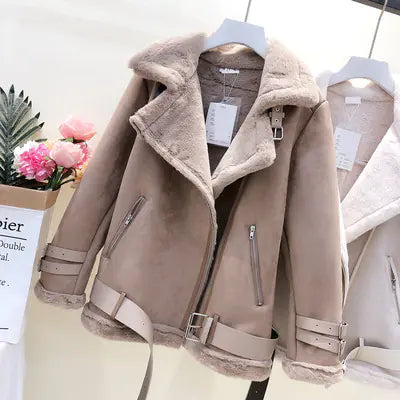 Women's lamb wool and thick suede leather motorcycle jacket featuring a stylish winter coat design.