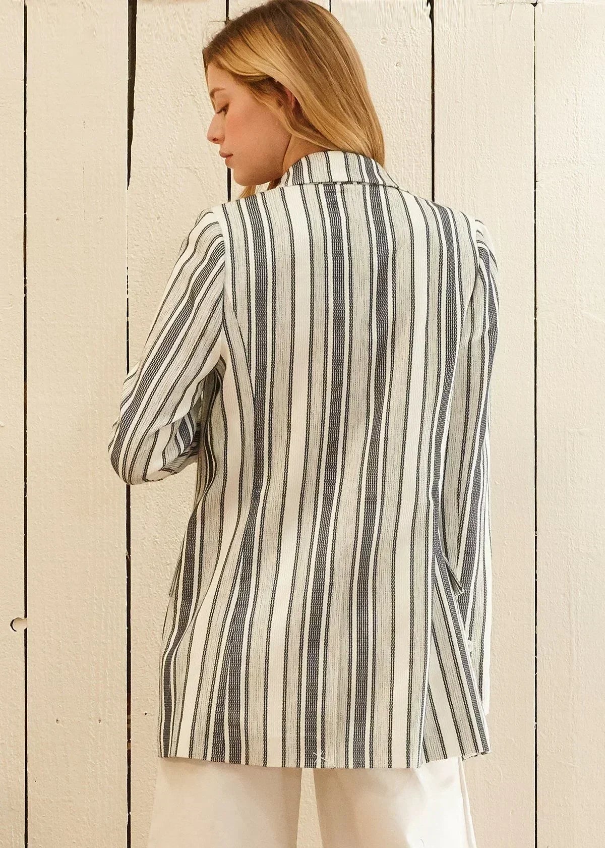 Blue and white striped Femstylo blazer, double-breasted tweed jacket with tailored fit and classic lapel, stylish for casual or formal wear.