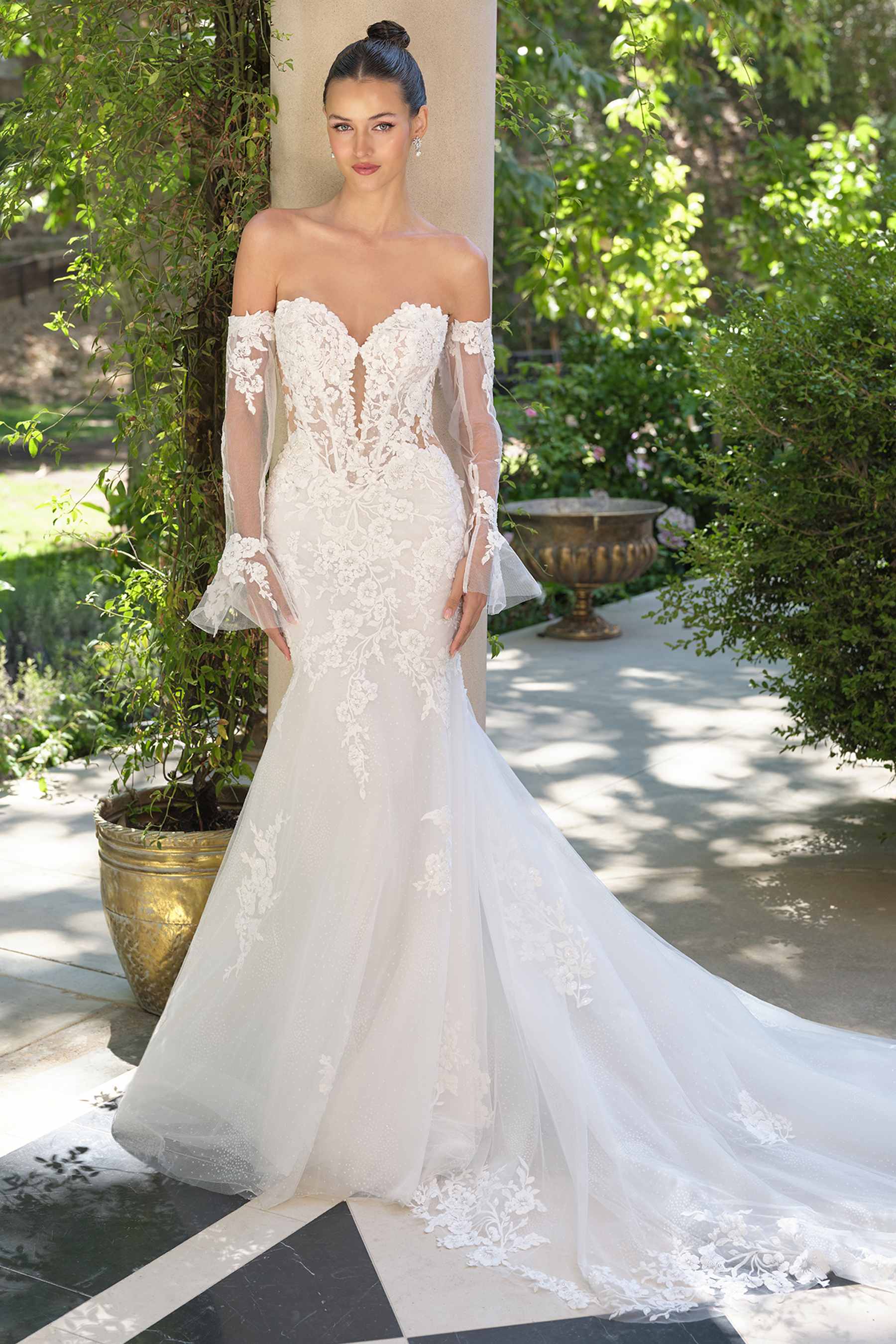 White Andrea & Leo WL065 mermaid bridal gown with removable sheer lace sleeves, elegant wedding dress for special occasions.