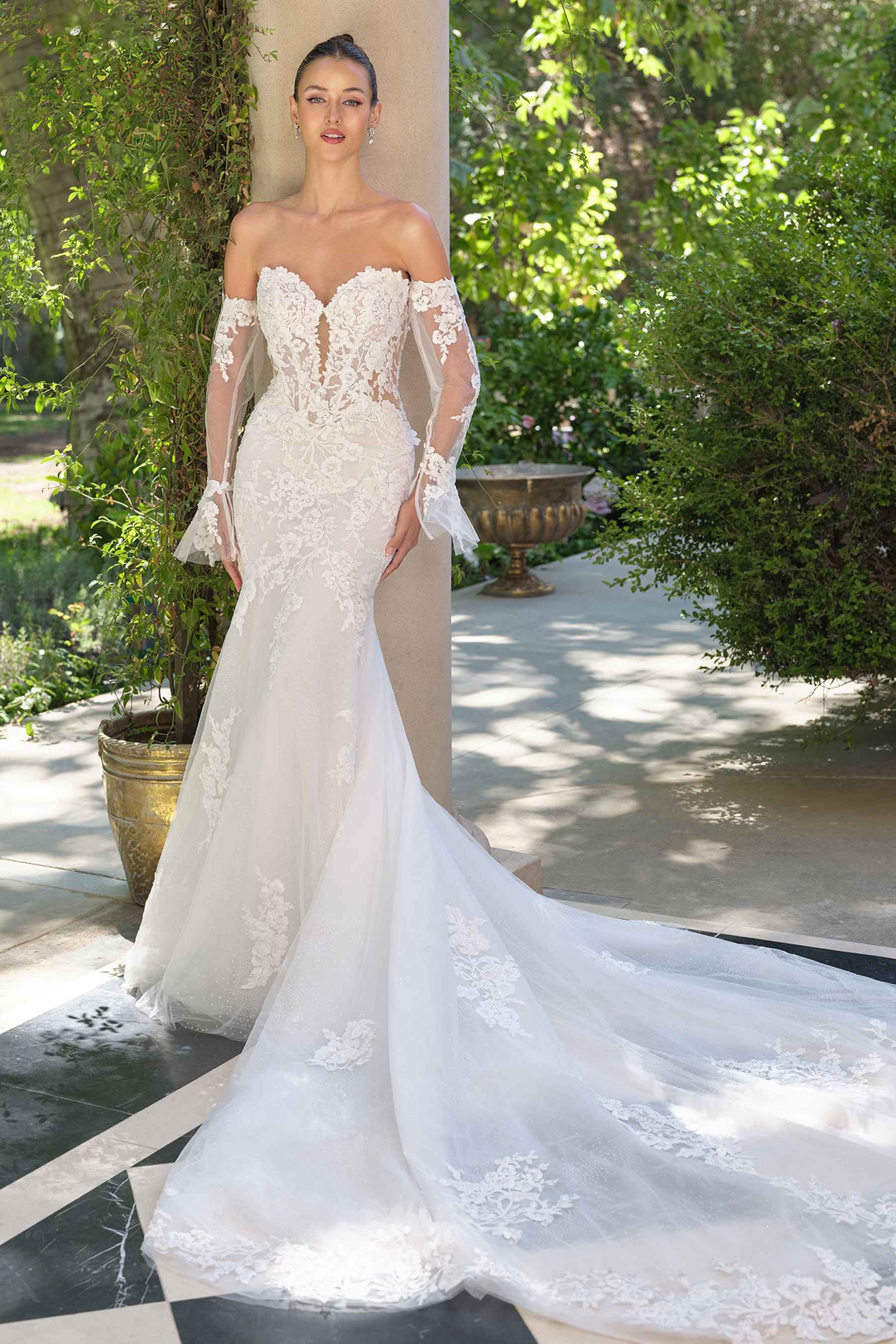 White Andrea & Leo WL065 mermaid bridal gown with removable sheer lace sleeves, elegant fit for wedding dress style.