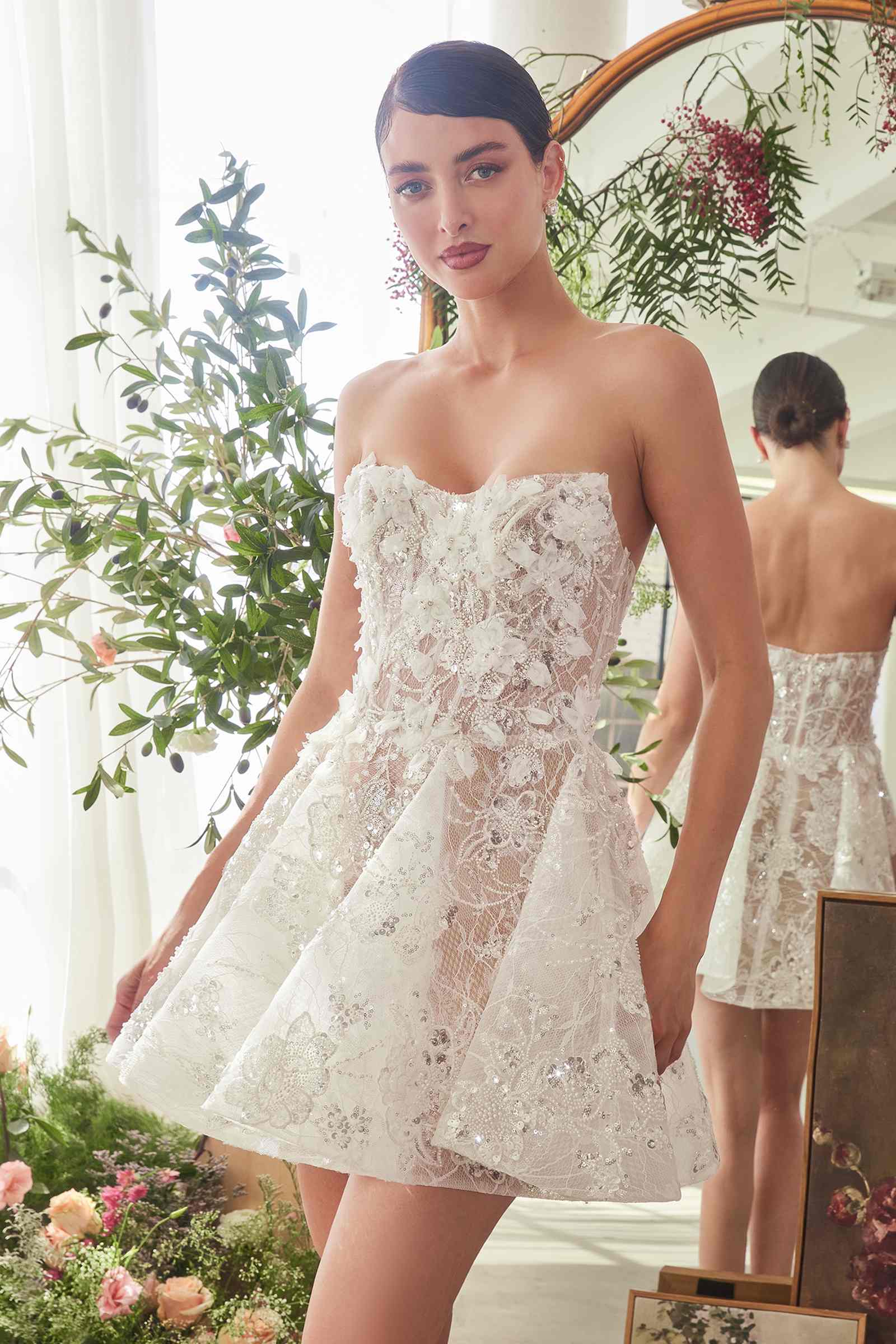 Off-white nude Andrea & Leo WL082 bridal mini A-line dress with floral applique, sleeveless design, and fitted waist.