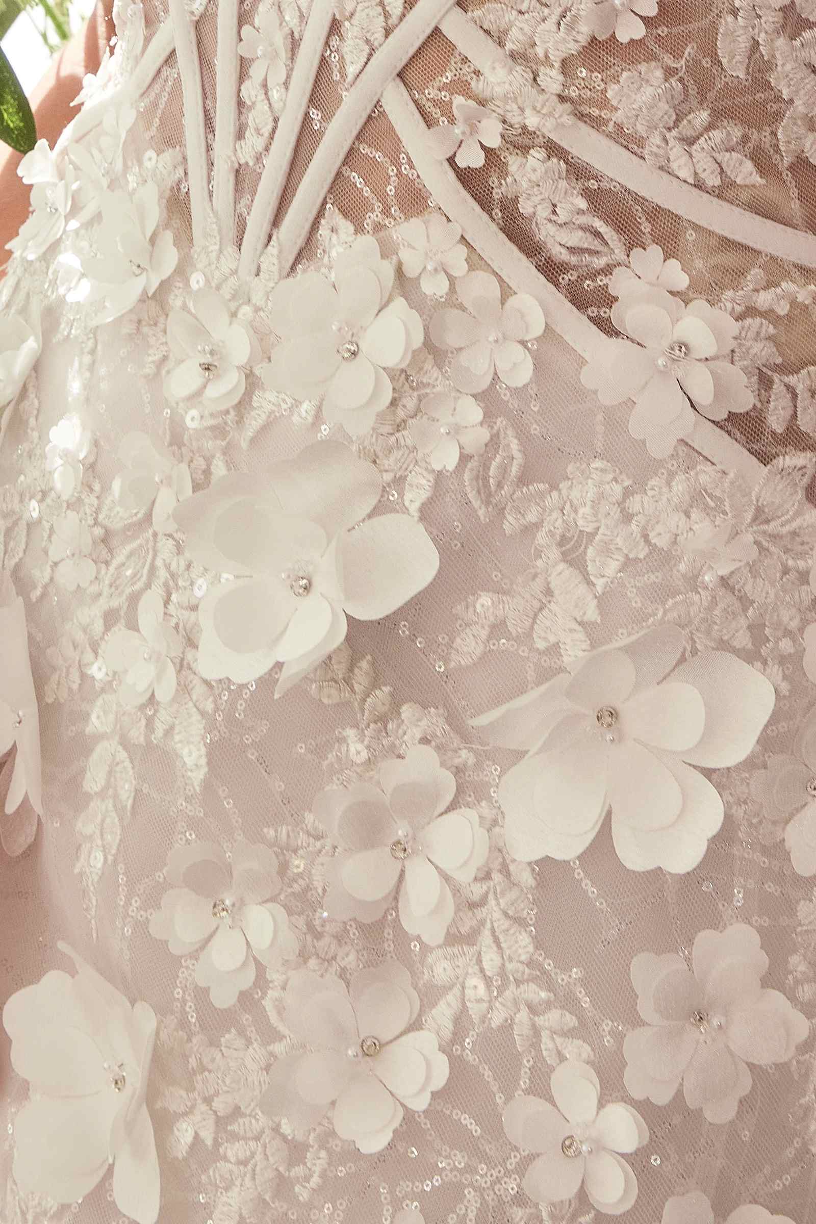 Off-white Andrea & Leo strapless deep sweetheart midi bridal dress with short skirt, perfect for wedding and special occasions.