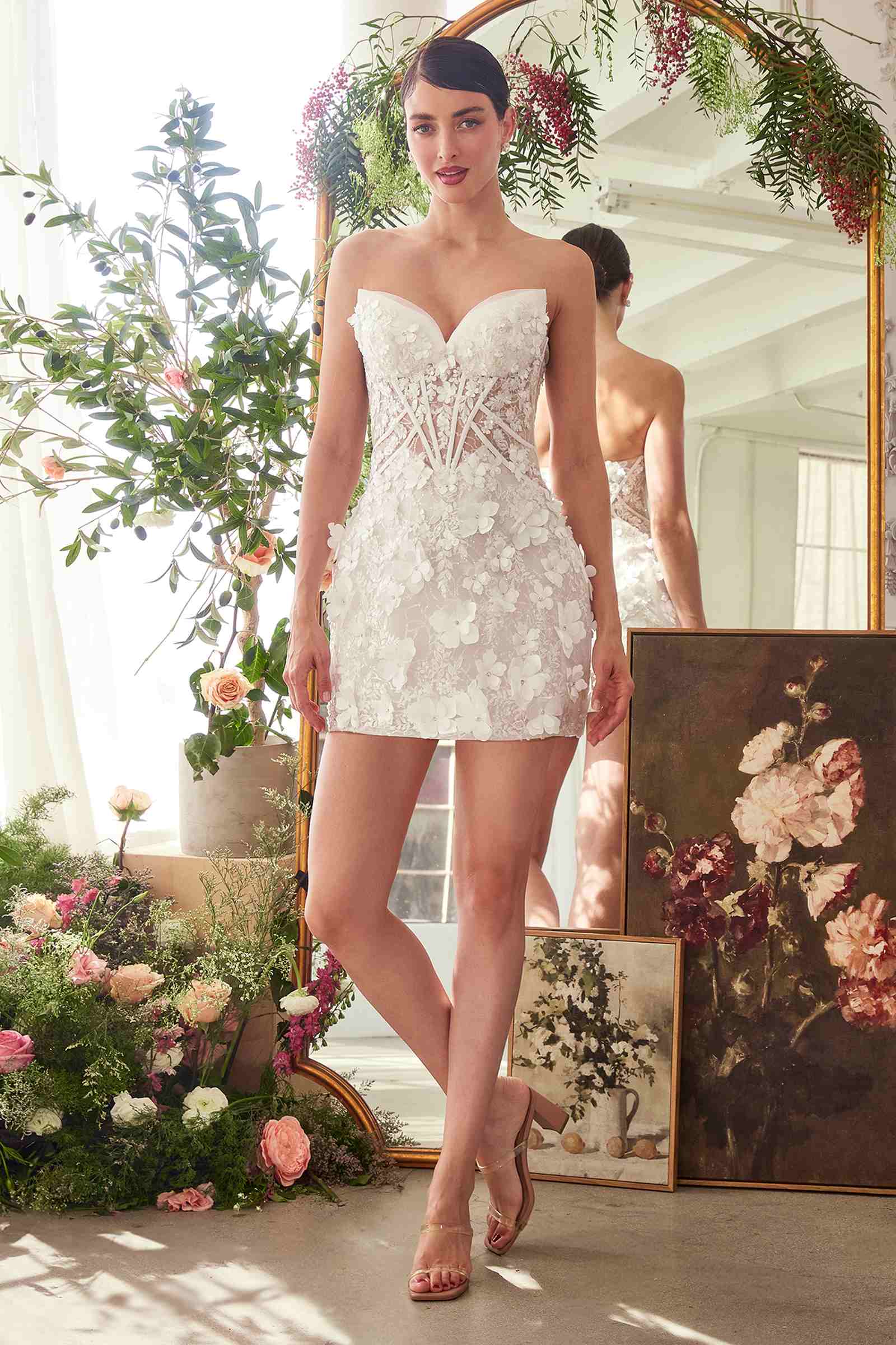 Off-white Andrea & Leo strapless midi bridal dress with deep sweetheart neckline, front view, elegant short wedding gown.