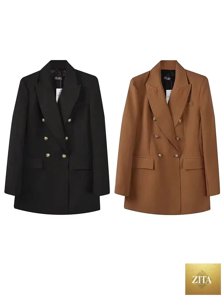 Women’s vintage double-breasted blazer with long sleeves and pockets, stylish outerwear by SHOMICOBOUTIQUE.
