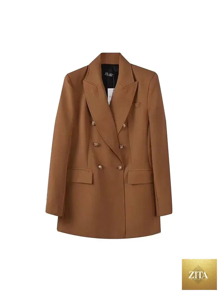 Women's vintage double-breasted blazer with long sleeves, pockets, stylish outerwear by SHOMICOBOUTIQUE.