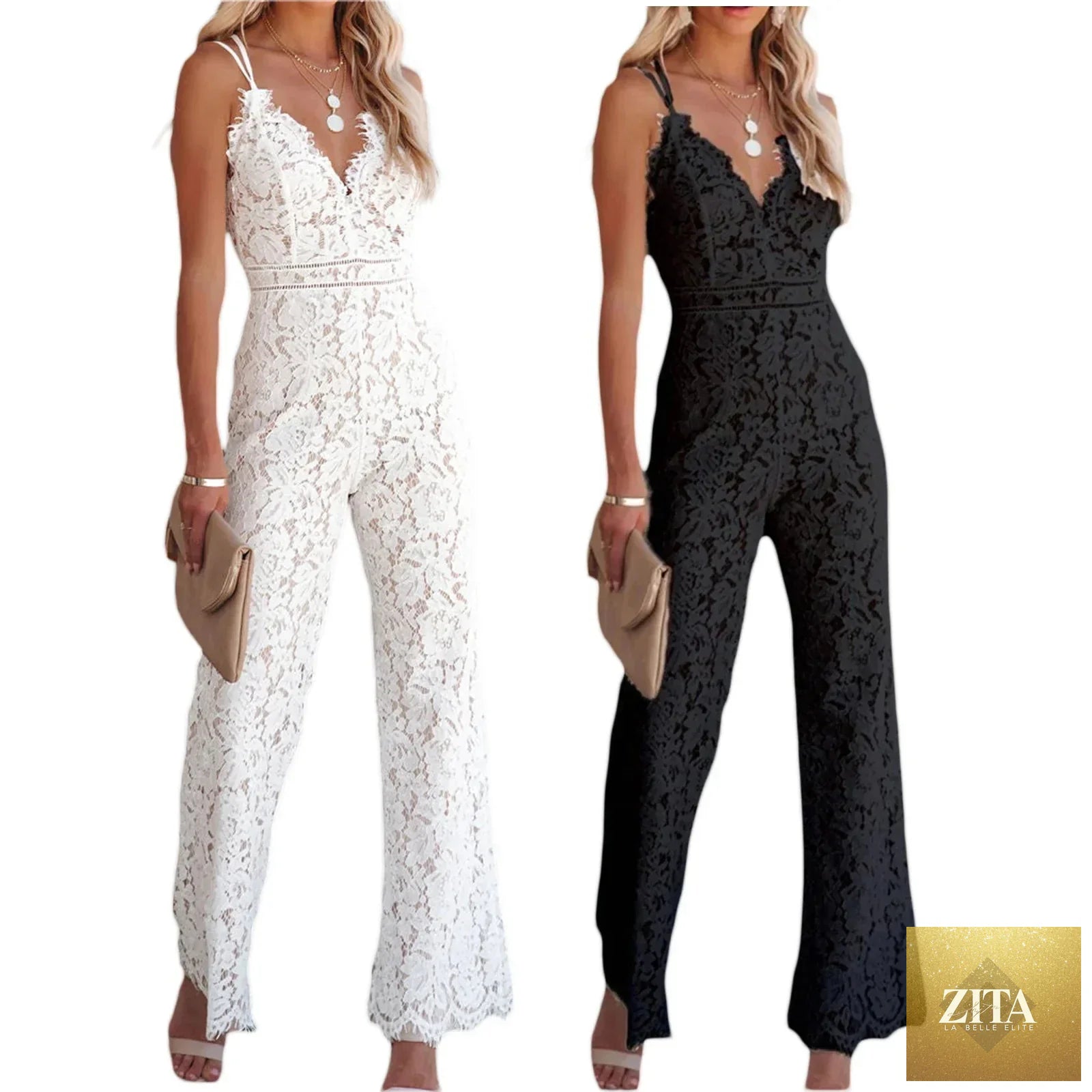 Women Elegant Jumpsuit Spaghetti Straps V Neck Solid Color Lace Open Back OnePiece Wide-leg Jumpsuits Long Playsuit