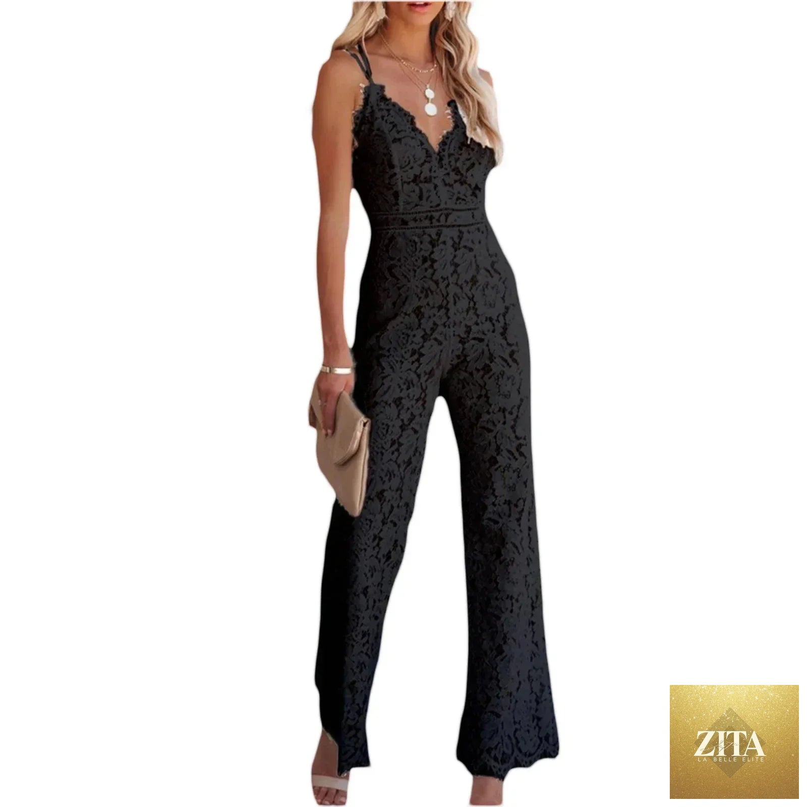 Women Elegant Jumpsuit Spaghetti Straps V Neck Solid Color Lace Open Back OnePiece Wide-leg Jumpsuits Long Playsuit