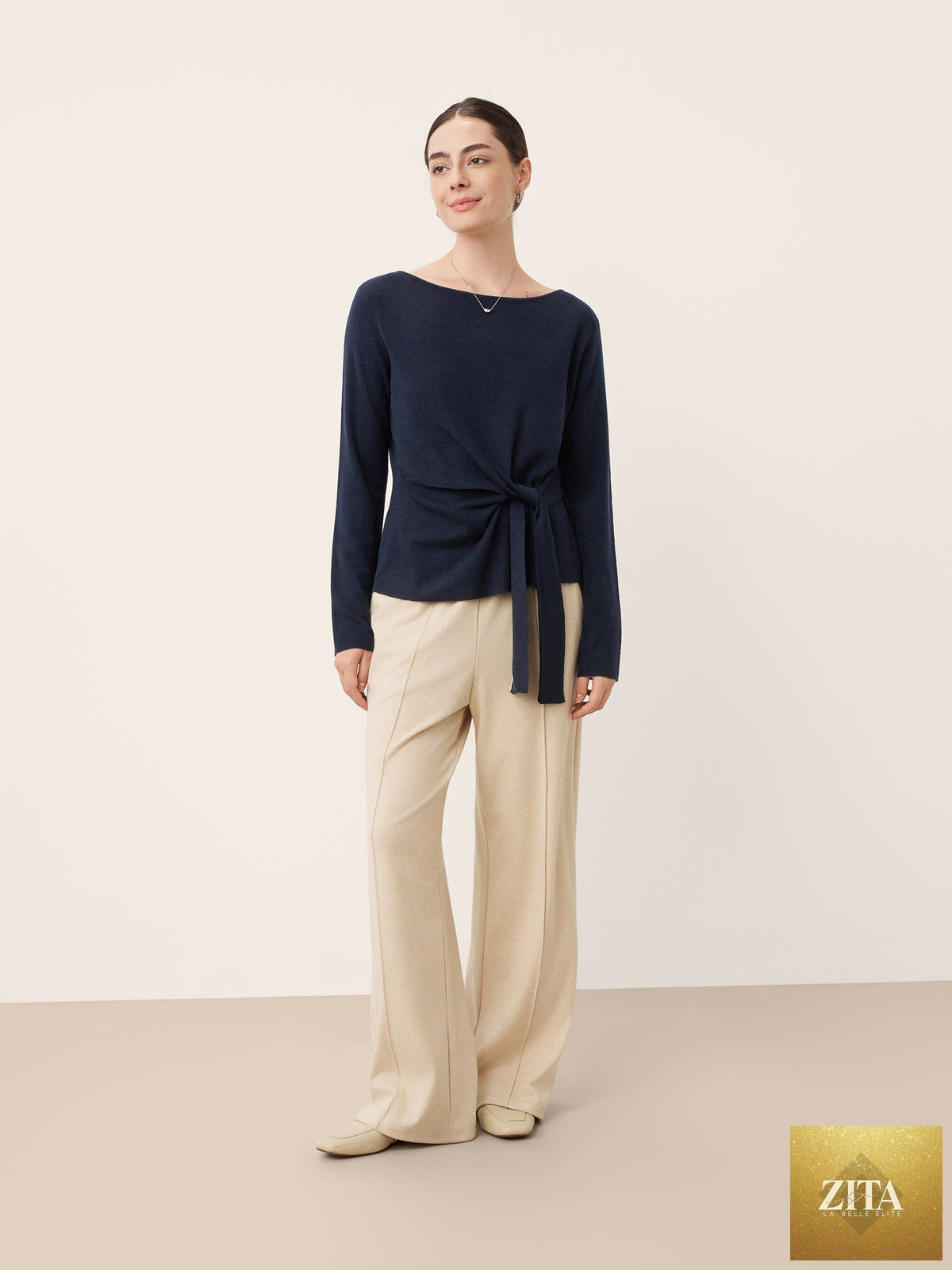 Merino Wool Belted Waist Boat Neck Top NATALIA