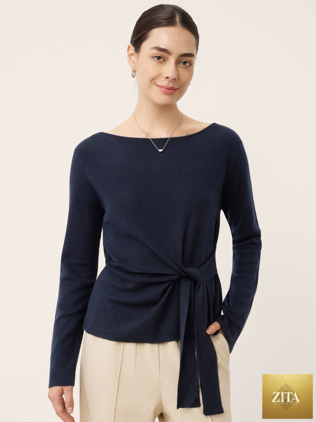 Merino Wool Belted Waist Boat Neck Top NATALIA