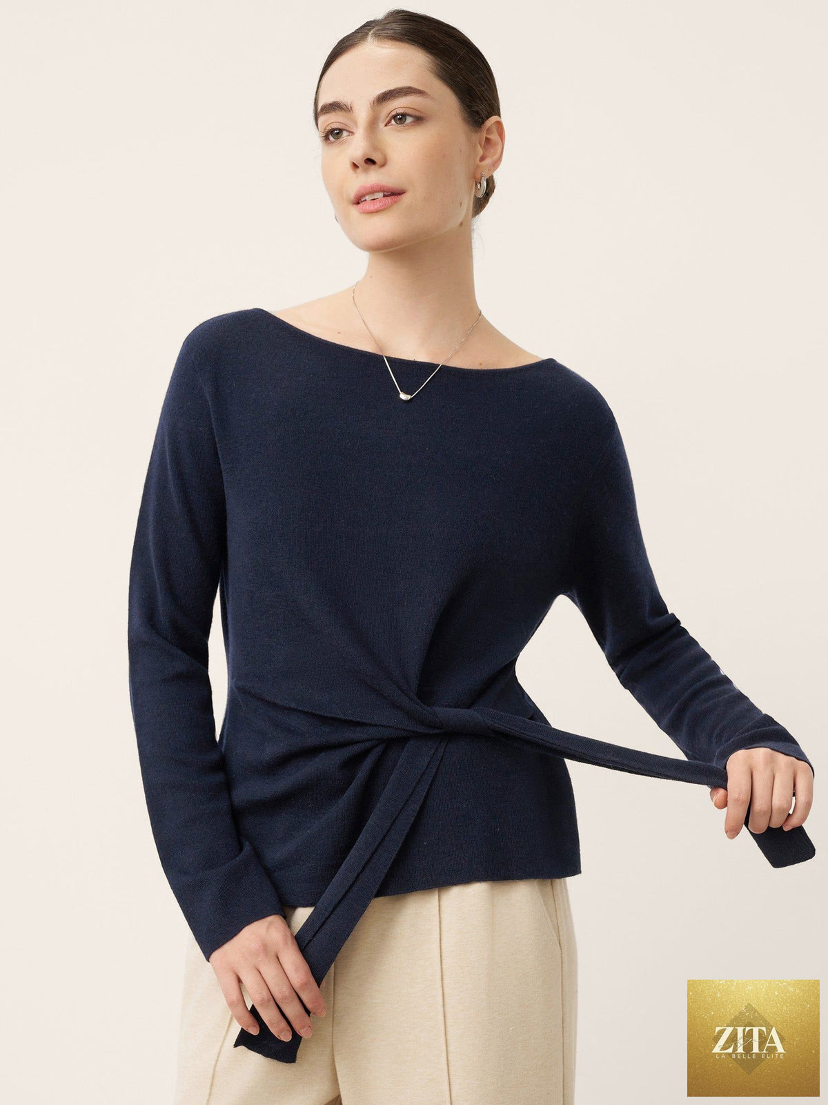 Merino Wool Belted Waist Boat Neck Top NATALIA