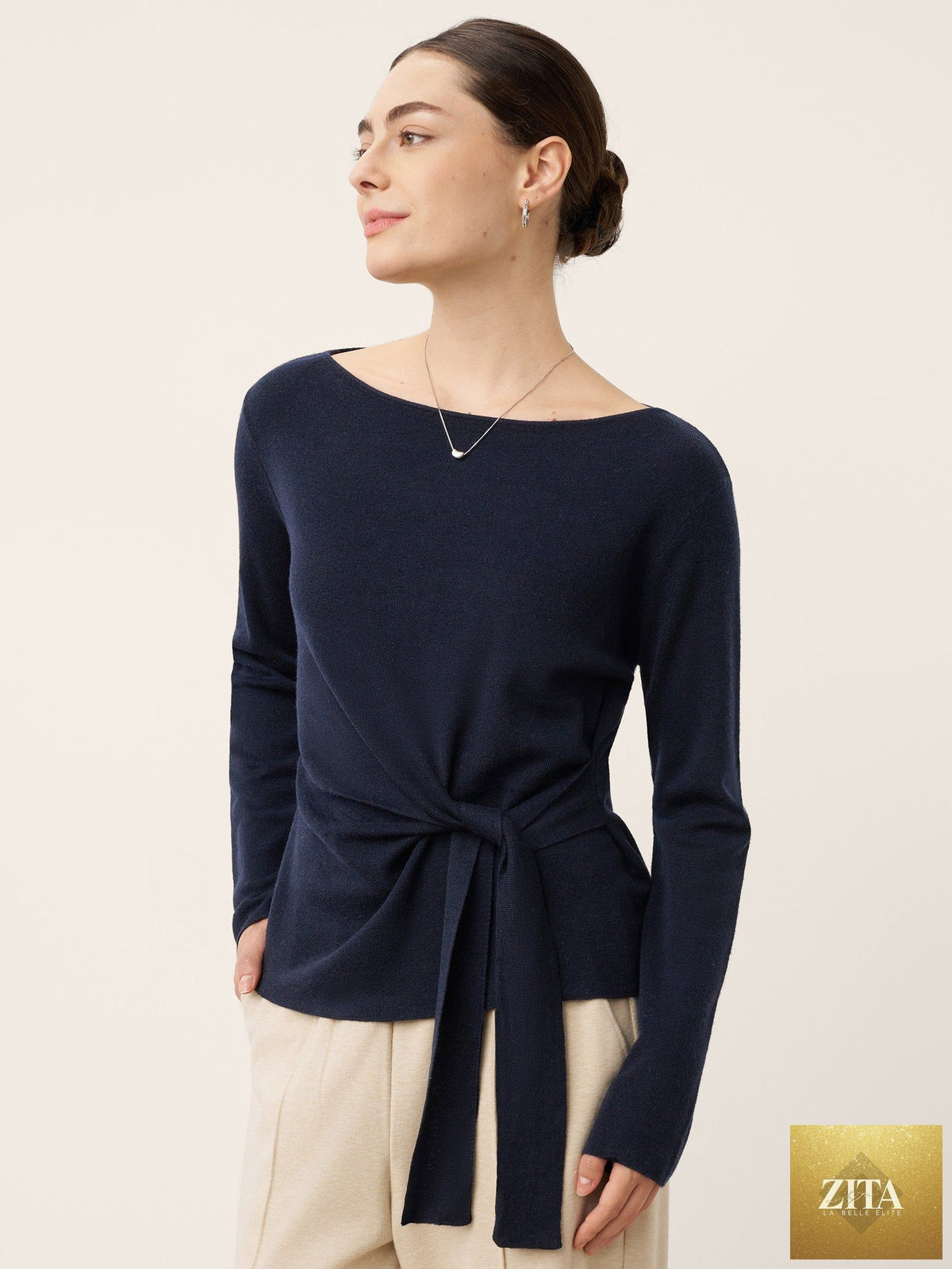 Merino Wool Belted Waist Boat Neck Top NATALIA