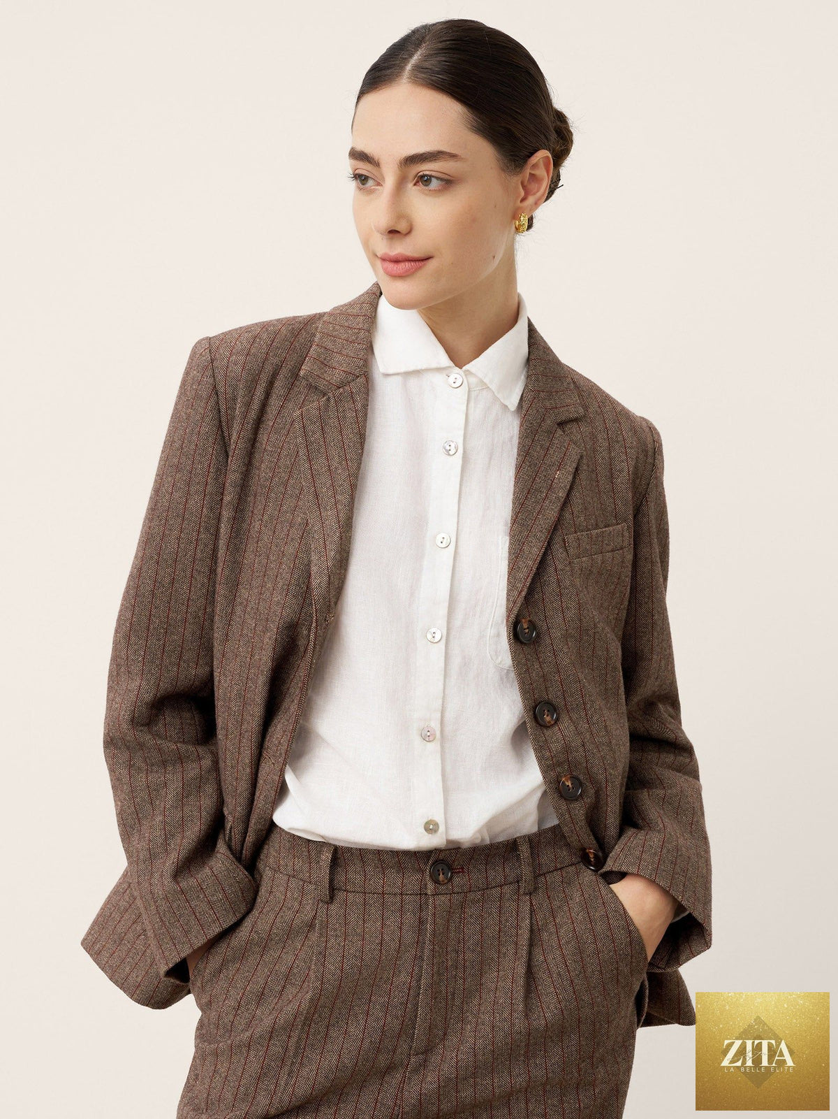 Wool Striped Notched Lapel Suit Blazer DAPHNE