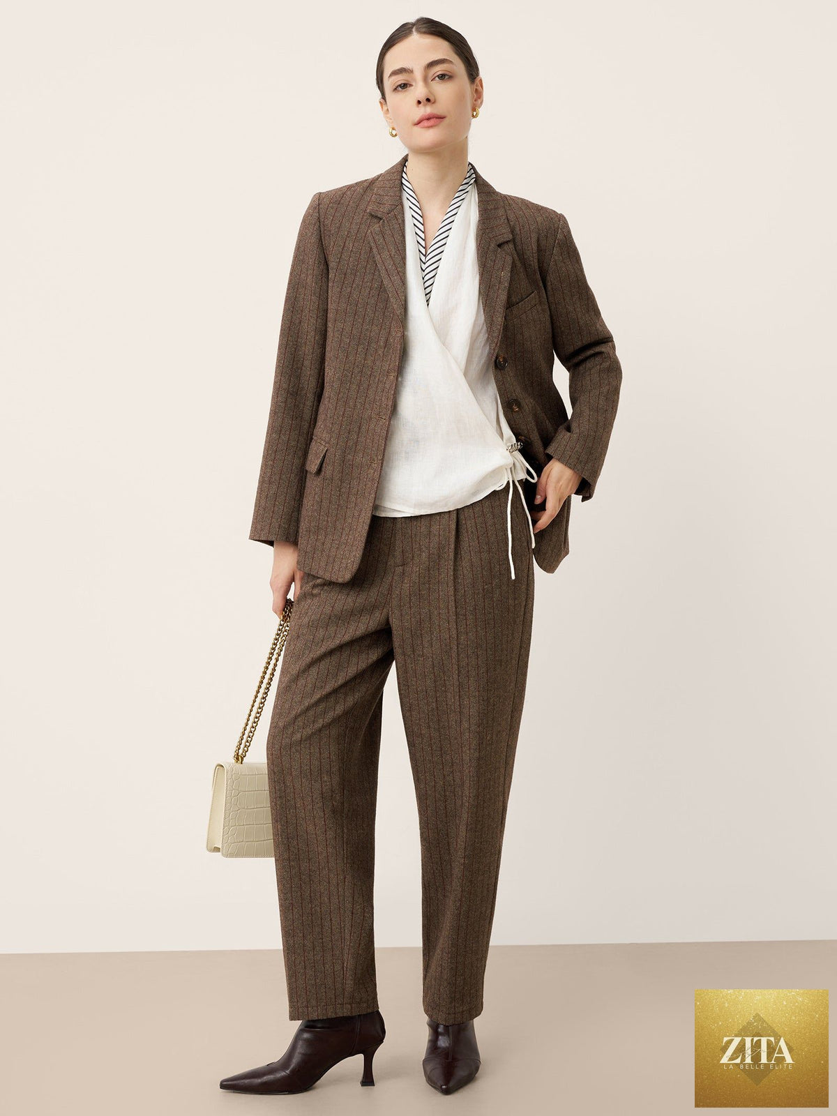 Wool Striped Notched Lapel Suit Blazer DAPHNE
