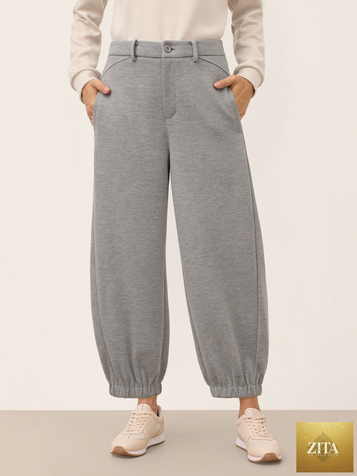 Wool Mid Waist Curved Leg Drawstring Hem Pants ZORELLE