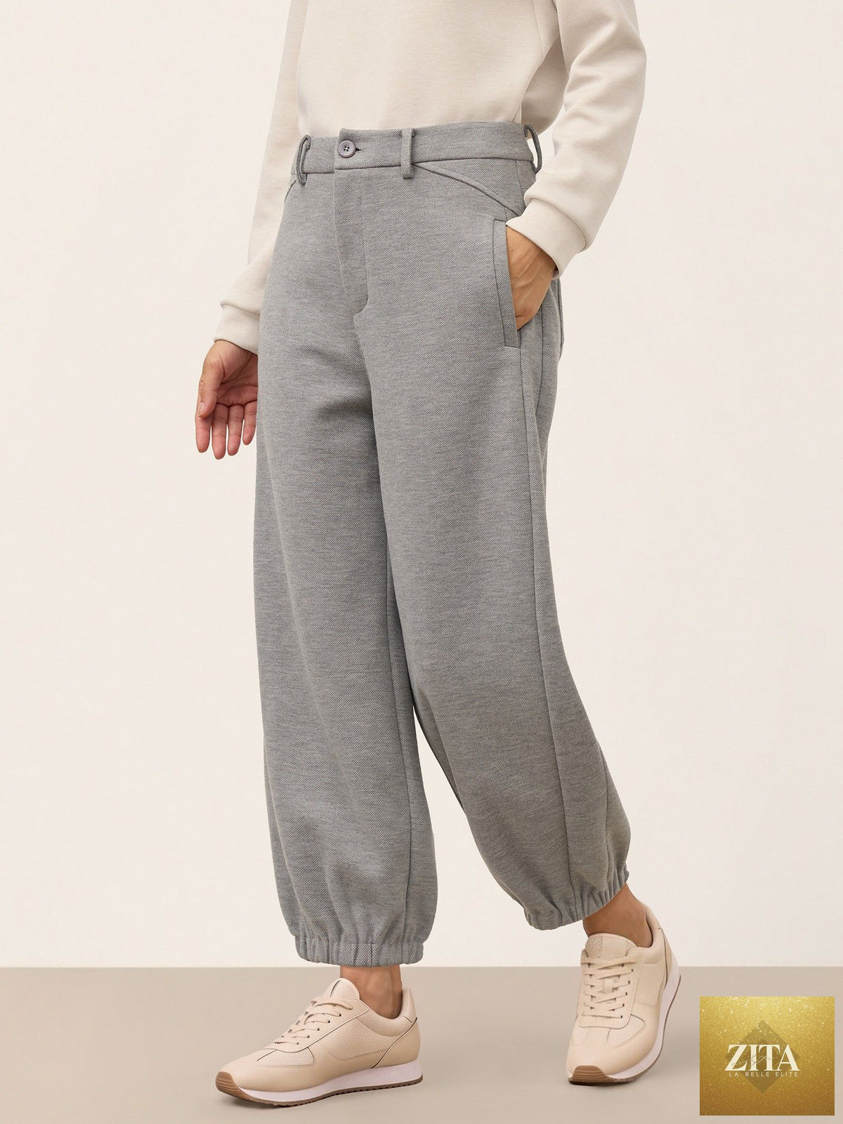 Wool Mid Waist Curved Leg Drawstring Hem Pants ZORELLE