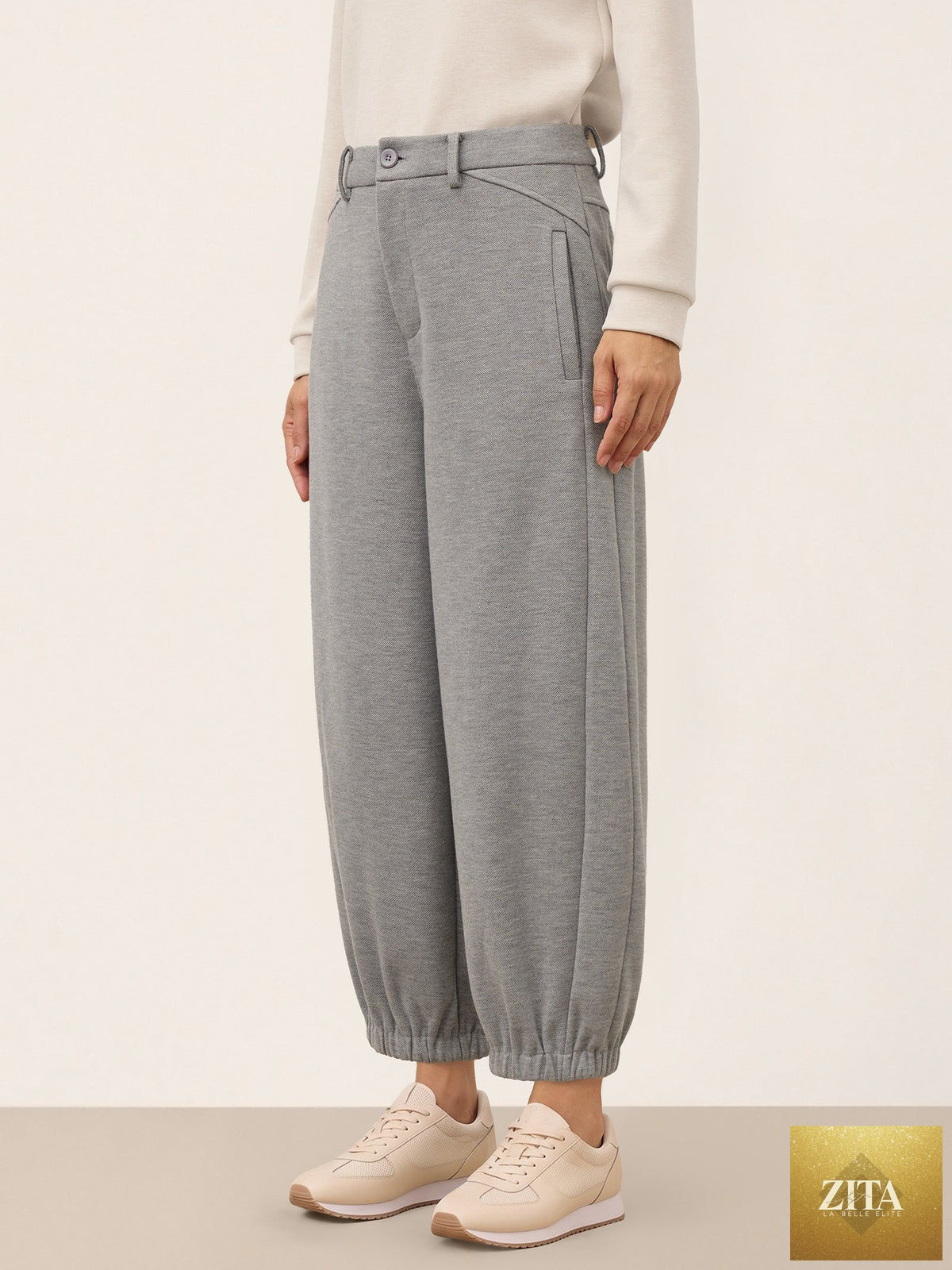Wool Mid Waist Curved Leg Drawstring Hem Pants ZORELLE