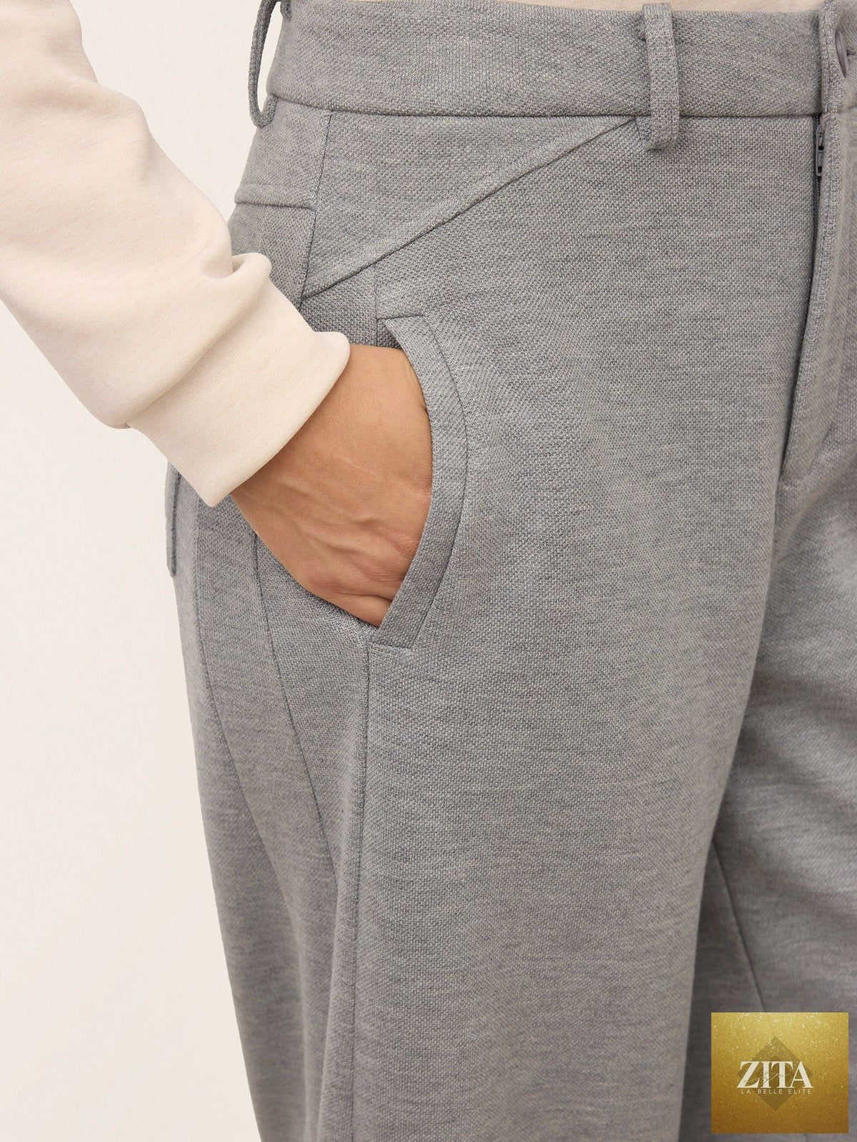 Wool Mid Waist Curved Leg Drawstring Hem Pants ZORELLE