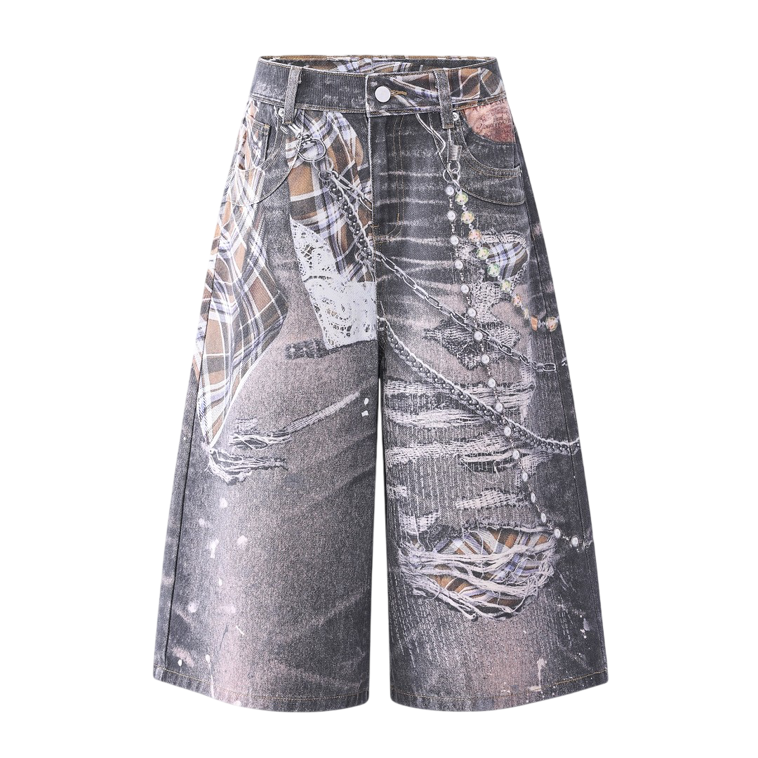 Beaded denim shorts by UNDEVELOPED, featuring colorful bead embellishments and a casual denim style.