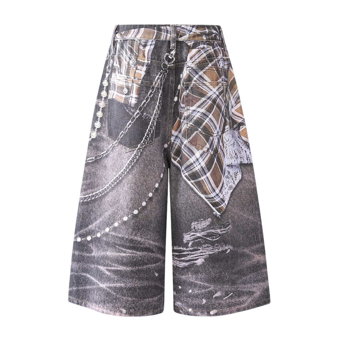 Beaded denim shorts by UNDEVELOPED featuring colorful beaded embellishments on classic blue denim fabric.