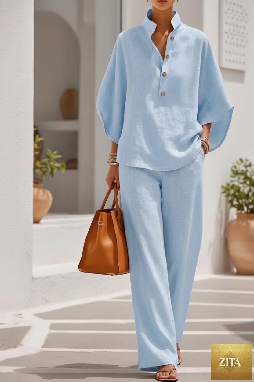 Women's linen-look stand collar batwing top and wide-leg pants set by MERIDGE, featuring a relaxed fit and stylish two-piece design.