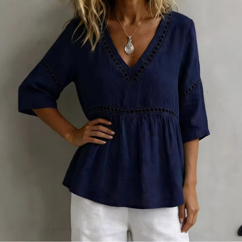 Women's V-neck hollow-out fringe cotton-linen top from FitiqueFit, displayed as casualwear with a V-neck design and fringe detailing.