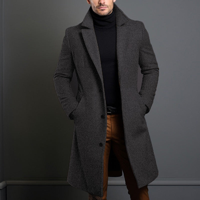 Men's mid-length trench coat in beige with slim pockets, single-breasted collar, casual and business style overcoat.