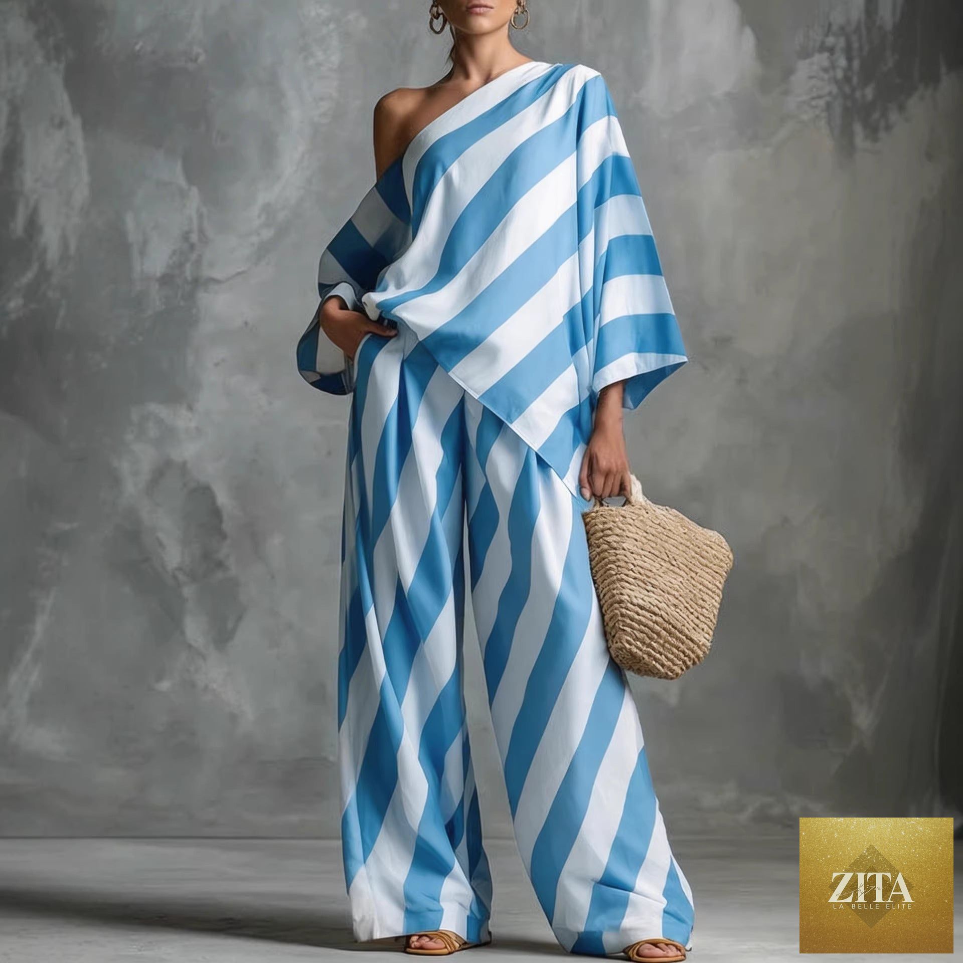 Women's retro striped batwing top and wide-leg pants two-piece set by MERIDGE, featuring bold horizontal stripes and relaxed fit.