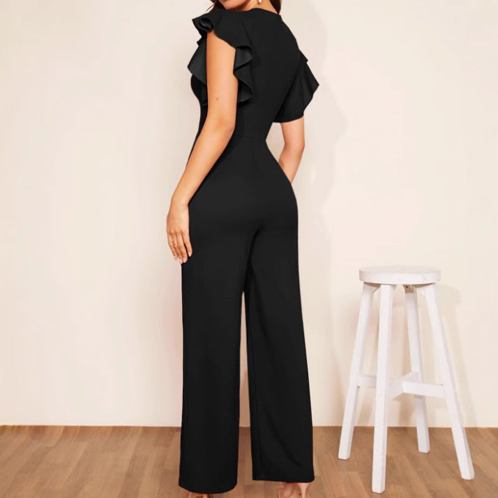 Women's elegant high-waist ruffle trim jumpsuit by FitiqueFit in three colors, casualwear style, shown in a natural pose.