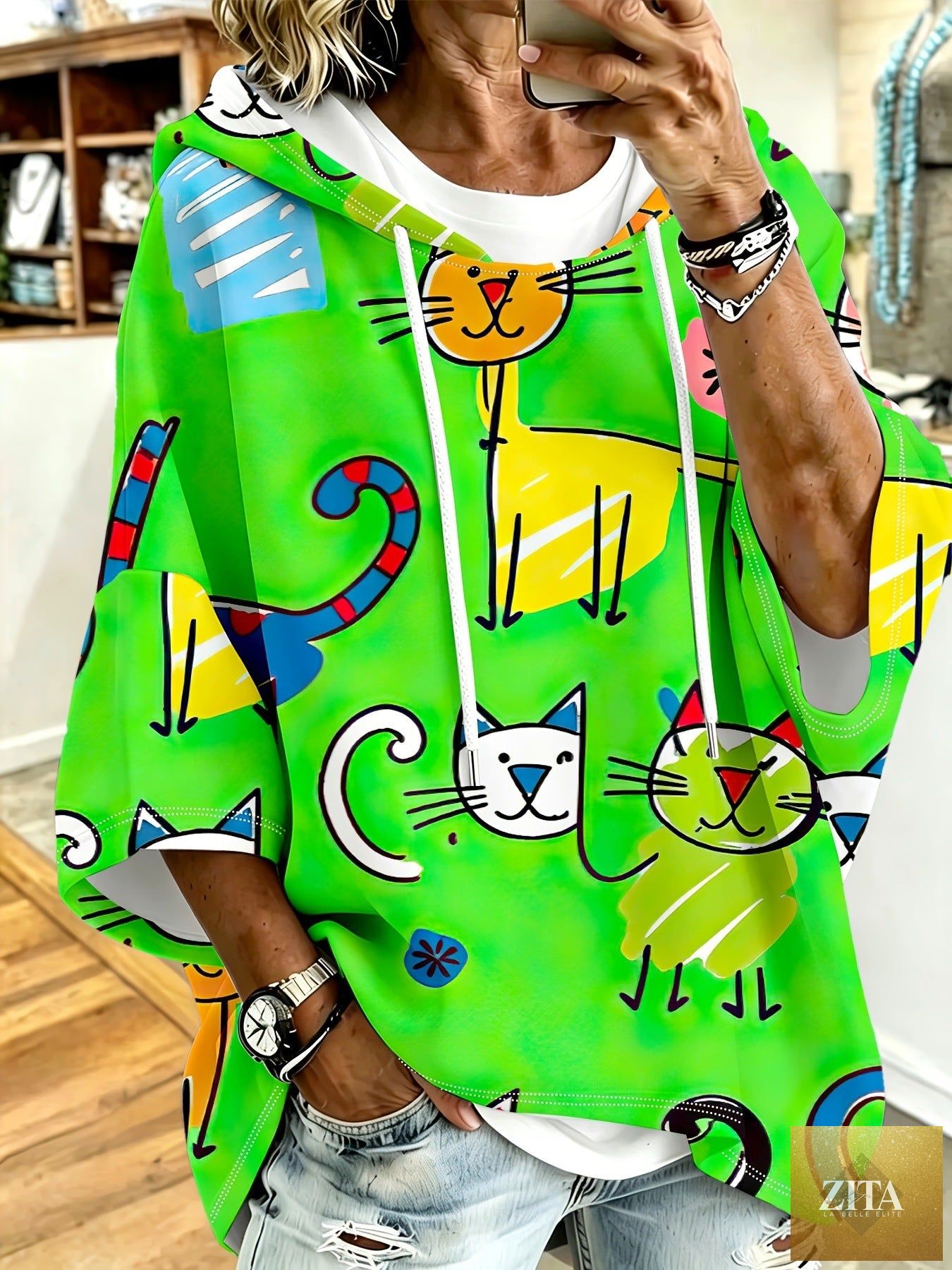 Cartoon Cat Print Hoodie with 3/4 Sleeves & Drawstring