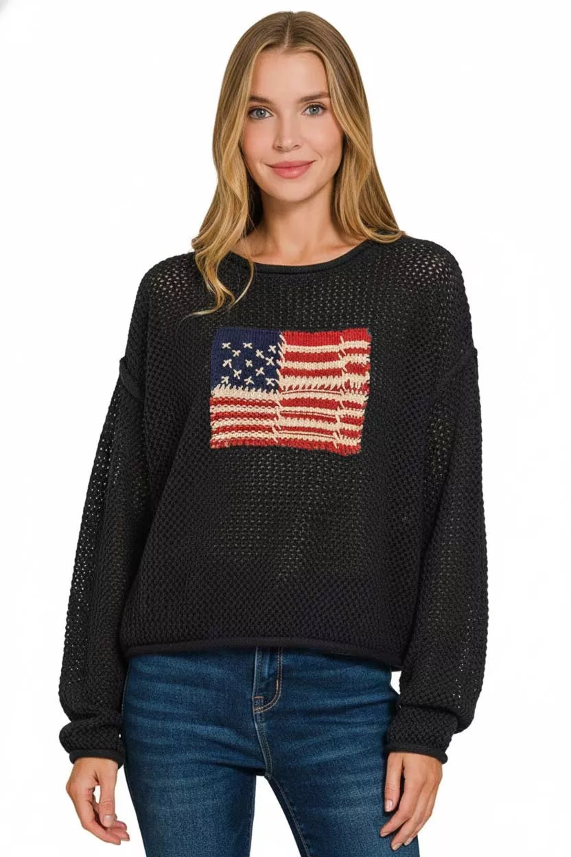Zenana Zenana American Flag Crew Neck Sweater