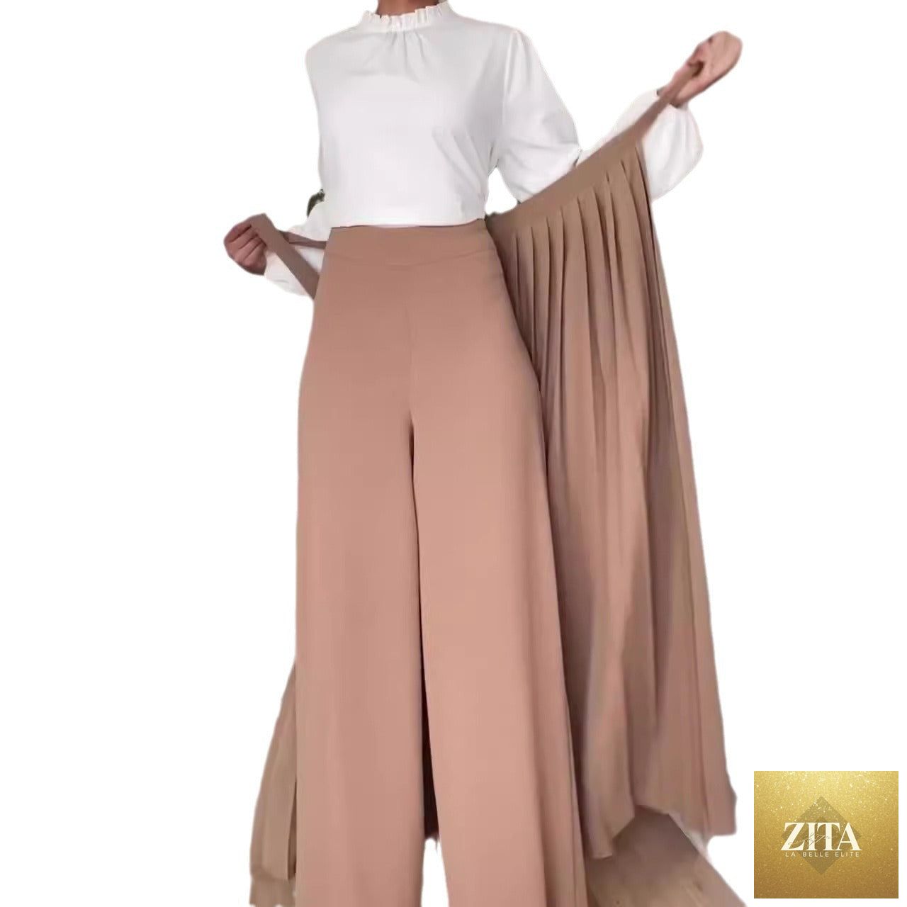 Womens Solid-Color Wide-Leg Pleated Pants With Ties