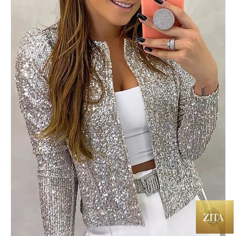 Women's colorblock sequin short jacket by FitiqueFit, featuring vibrant sequins and casual glam style perfect for stylish outfits.