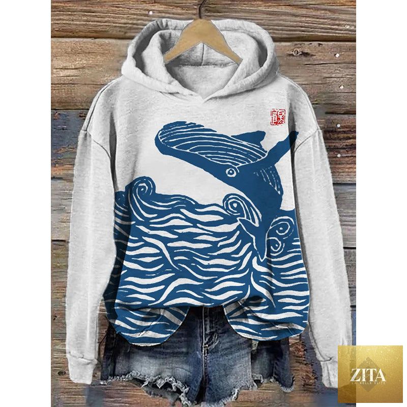 Women’s printed hooded long sleeve sweatshirt by FitiqueFit featuring a colorful pattern and a cozy hooded design.