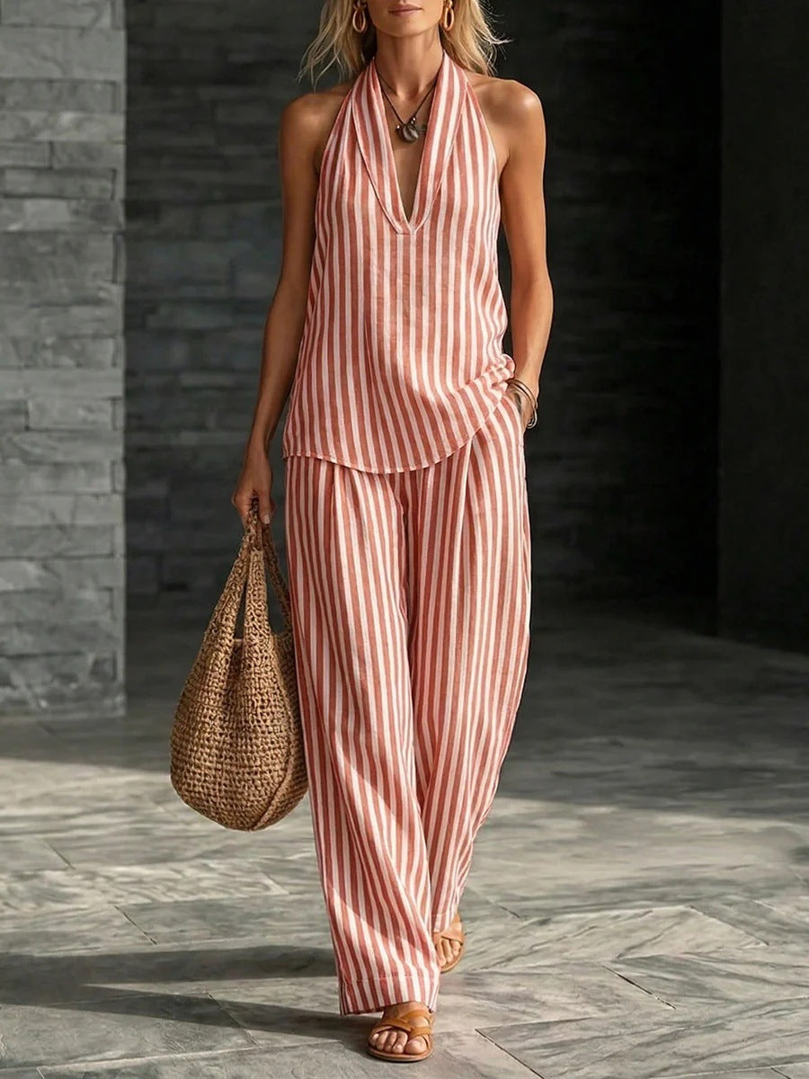 Women's striped sleeveless top and wide-leg pants set by FitiqueFit, casualwear fashion featuring stylish, comfortable two-piece outfit.