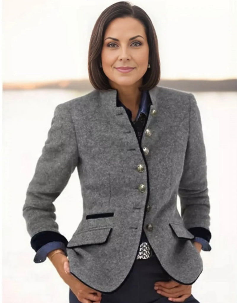 Women’s color-block woolen coat by FitiqueFit featuring multi-buttons, casual yet elegant design, shown in a close-up image.