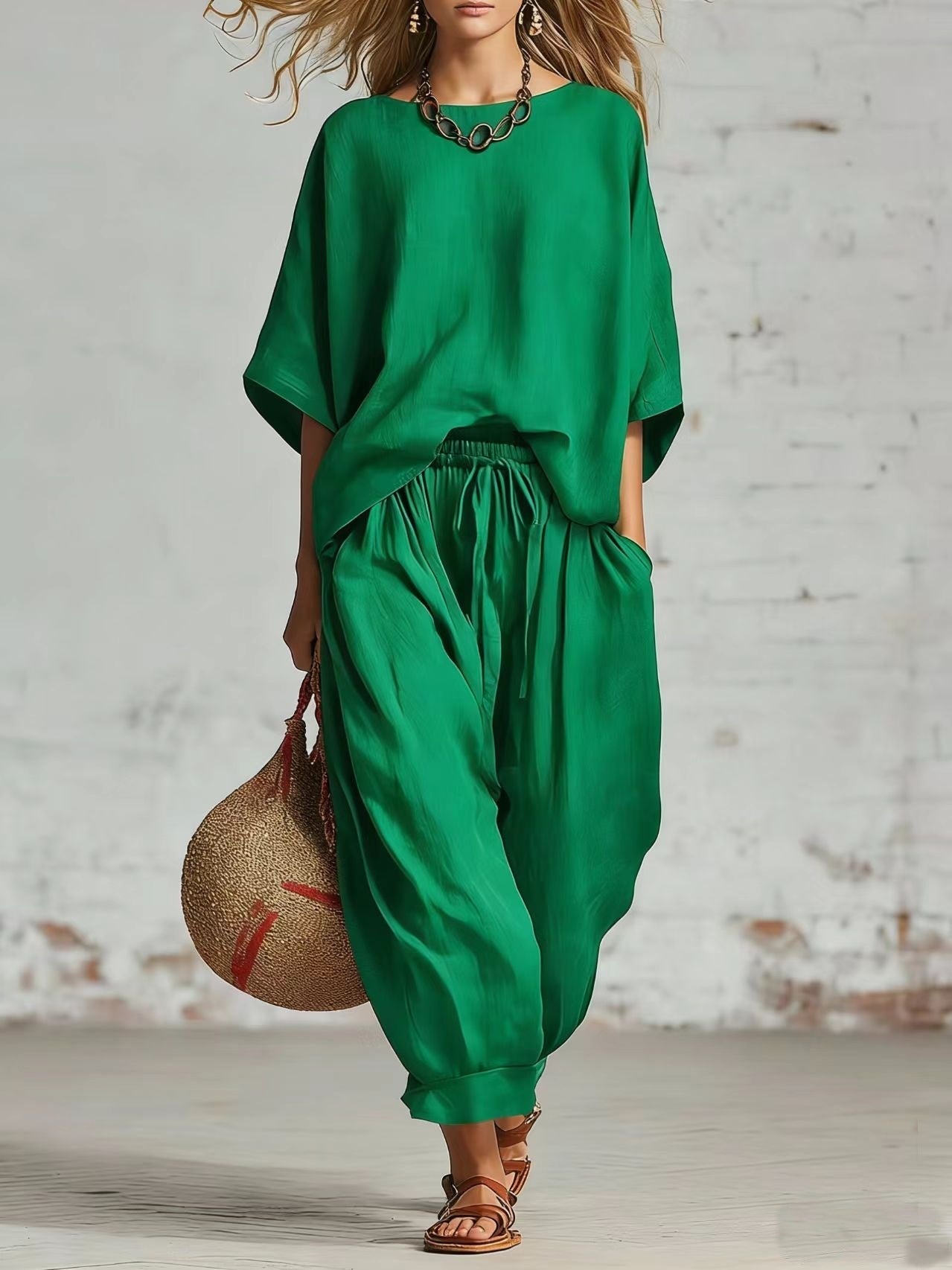 Women's solid color loose casual set by FitiqueFit featuring a T-shirt and ankle pants, perfect for comfortable everyday wear.