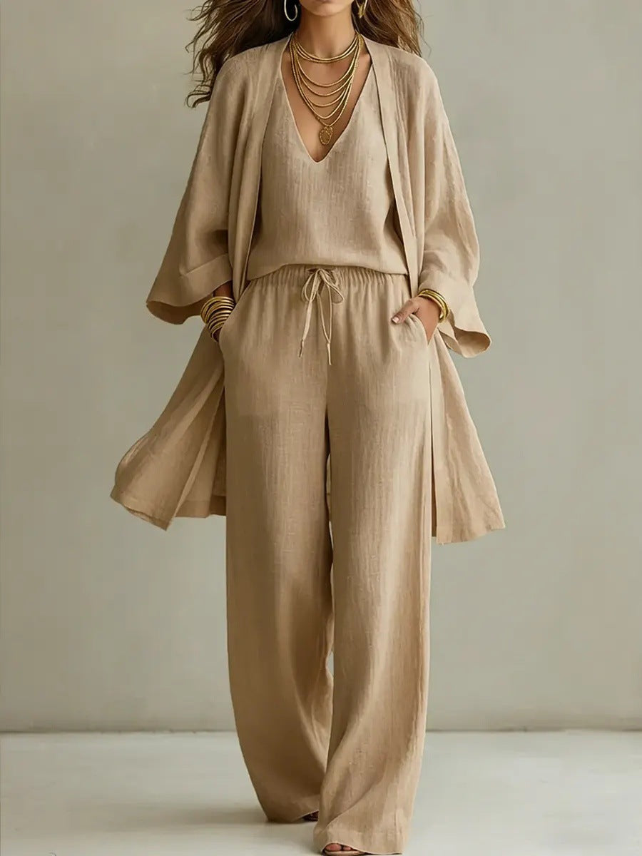 Women's V-Neck Cardigan Coat, Pocket Vest, and Long Pants casualwear set by FitiqueFit, featuring a coordinated three-piece outfit.