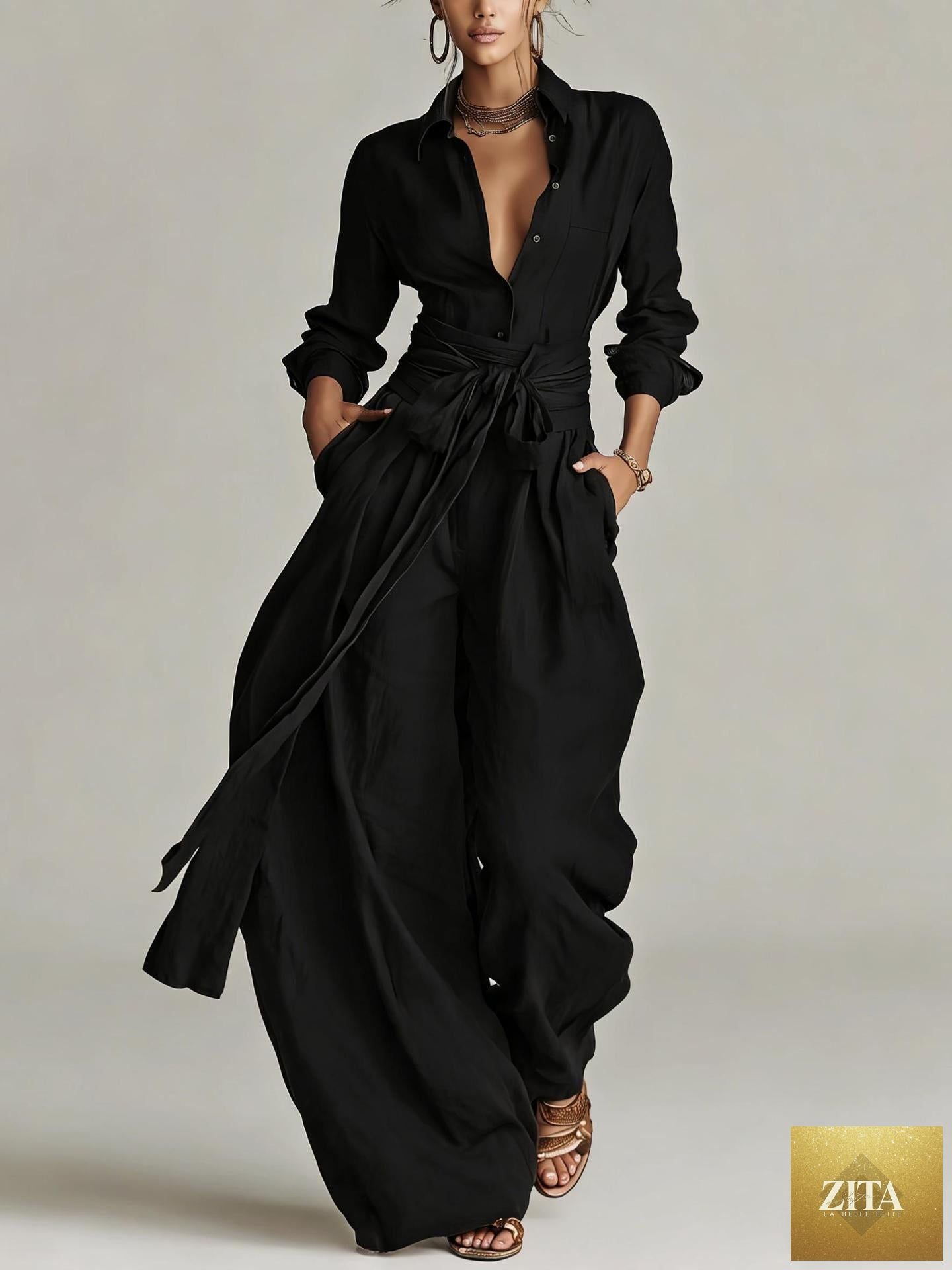 MERIDGE women's linen long sleeve shirt and high-waist wide-leg pants set with tie belt, casual and stylish two-piece outfit.