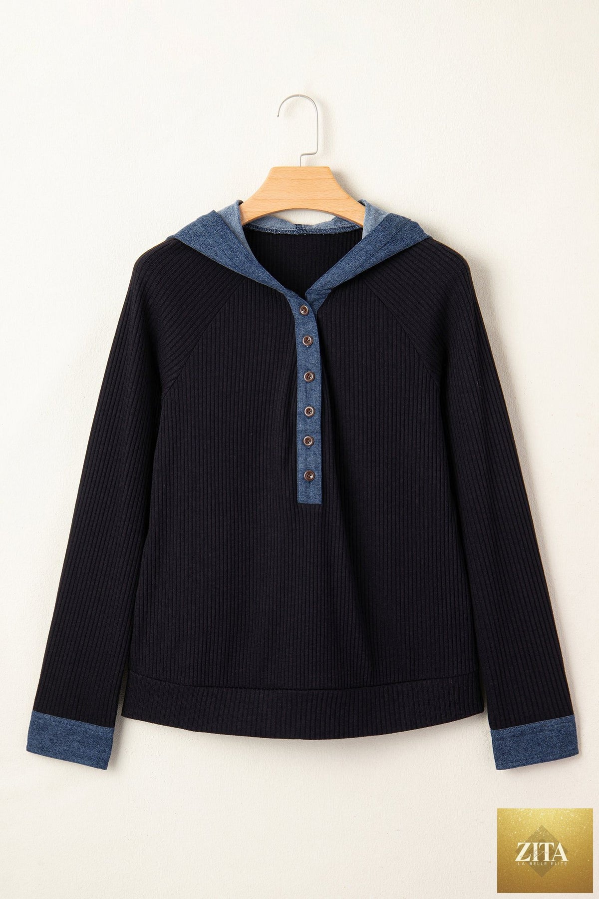 Black Ribbed Knit Contrast Denim Patchwork Hooded Long Sleeve Top