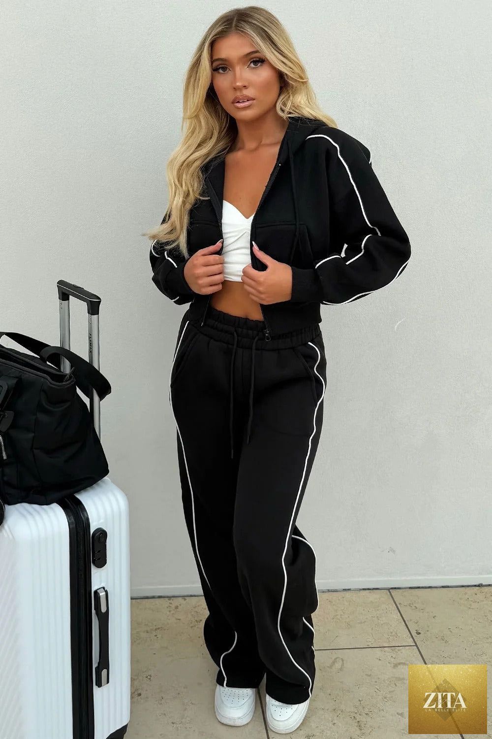 Women's Fleece Cropped Zip Hoodie & Wide-Leg Pants Set