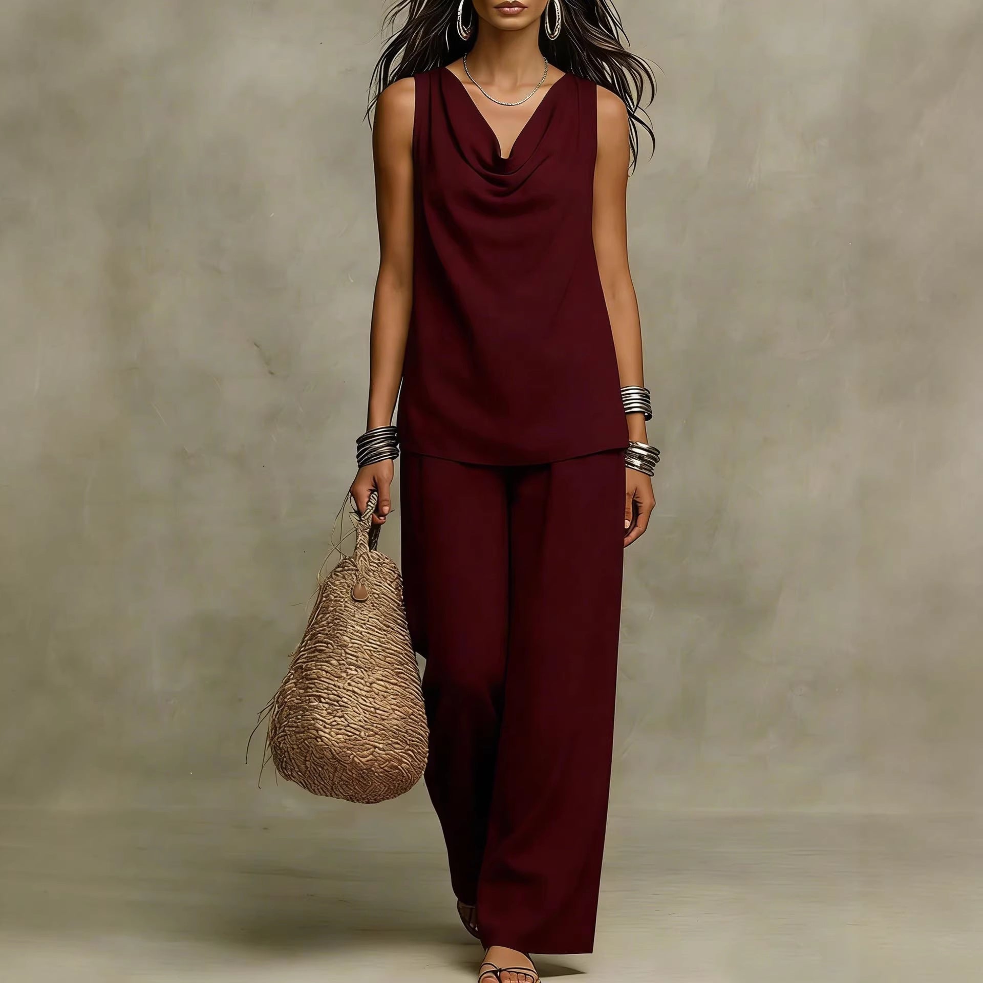 Women's sleeveless slash-neck tank top and casual pants set by FitiqueFit, featuring a relaxed fit and stylish casualwear design.