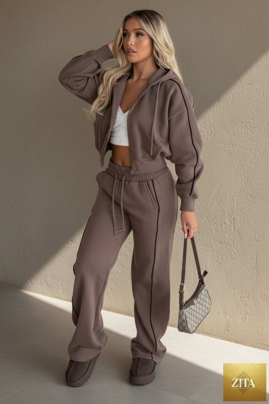 Women's Fleece Cropped Zip Hoodie & Wide-Leg Pants Set