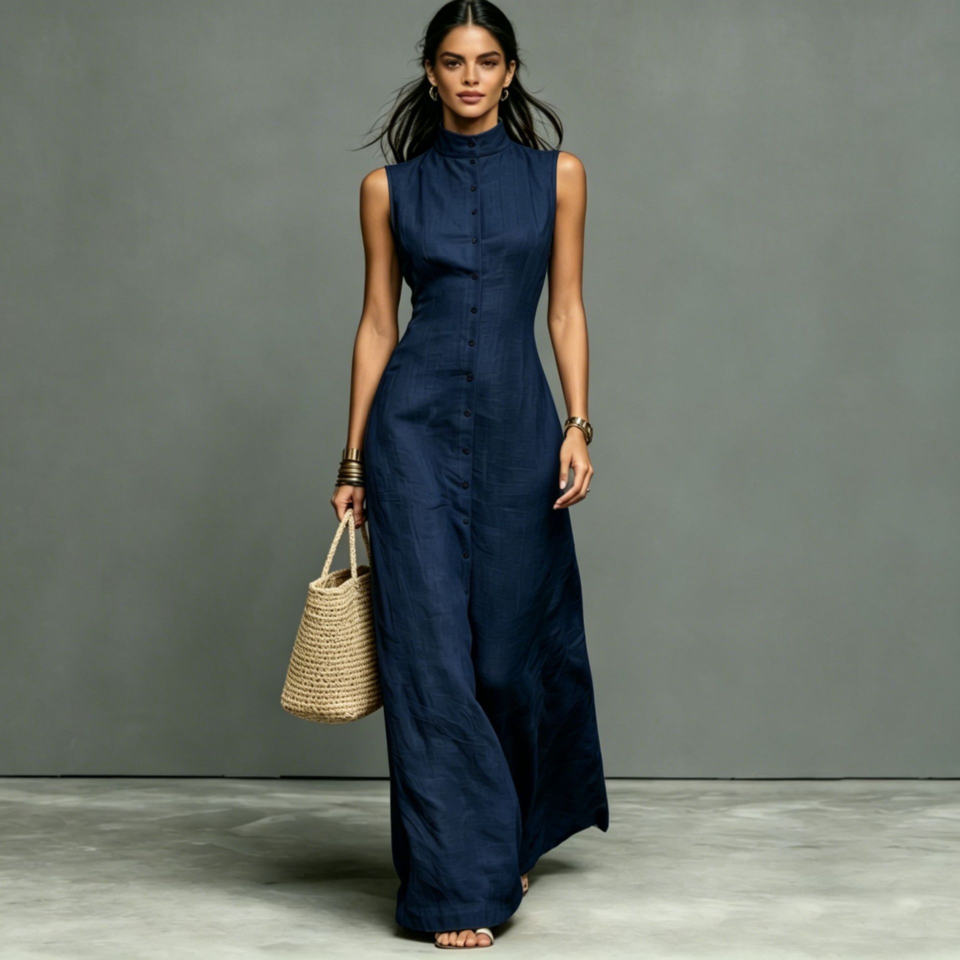 Women's sleeveless midi dress with stand collar and single-breasted design by FitiqueFit, perfect for casualwear.