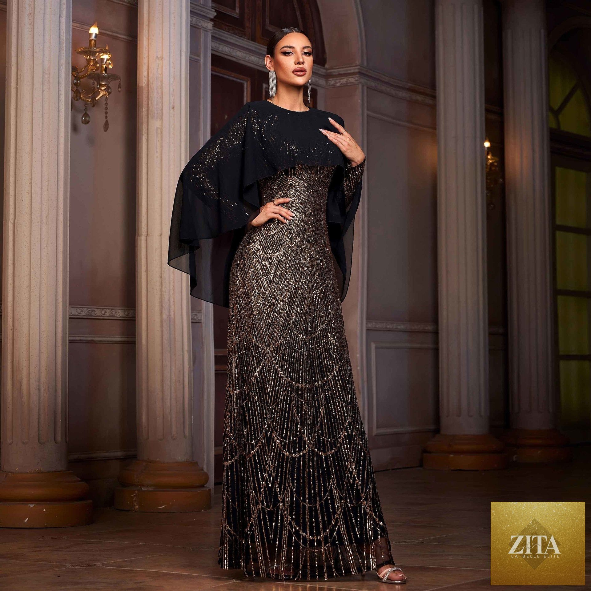 Elegant Long Sleeve Round Neck Shawl Banquet Sequined A- Line Evening Dress